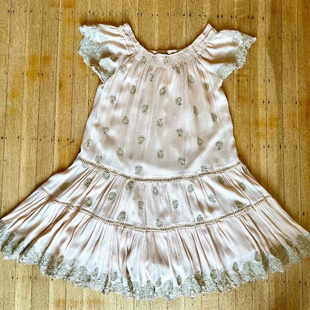 MUCHE ET MUCHETTE Pinky Peach Shimmer Dress, Gold Embroidered detailing